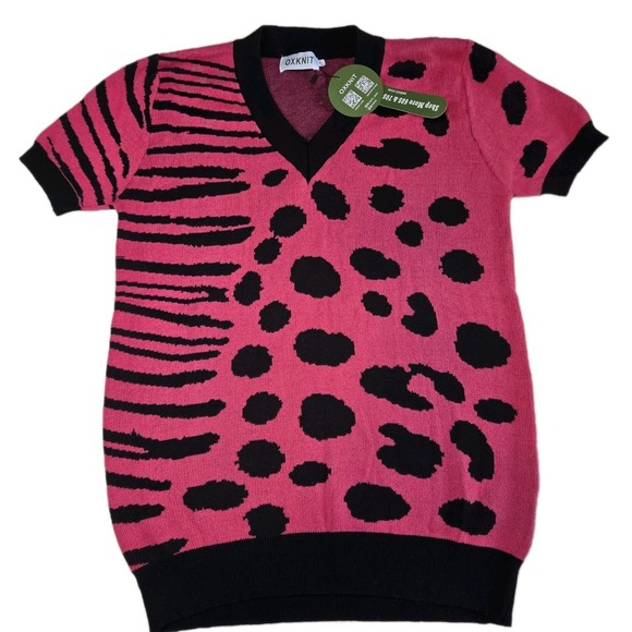 OXKnit Sweaters - OXKNIT Short Sleeve Sweater Womens Large Pink Cotton Animal Cheetah Zebra NEW